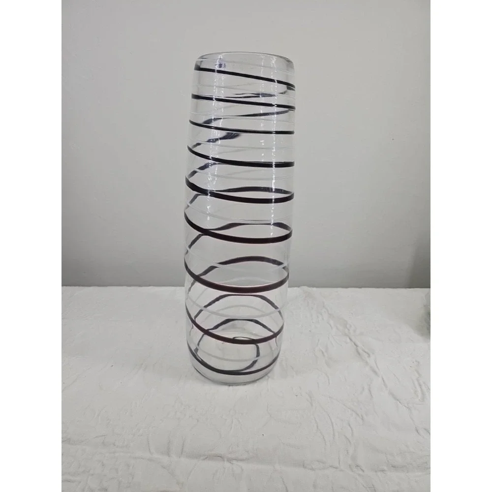 Vintage Unique, Large Hand-Blown Glass Vase with Striped Accents 14 In